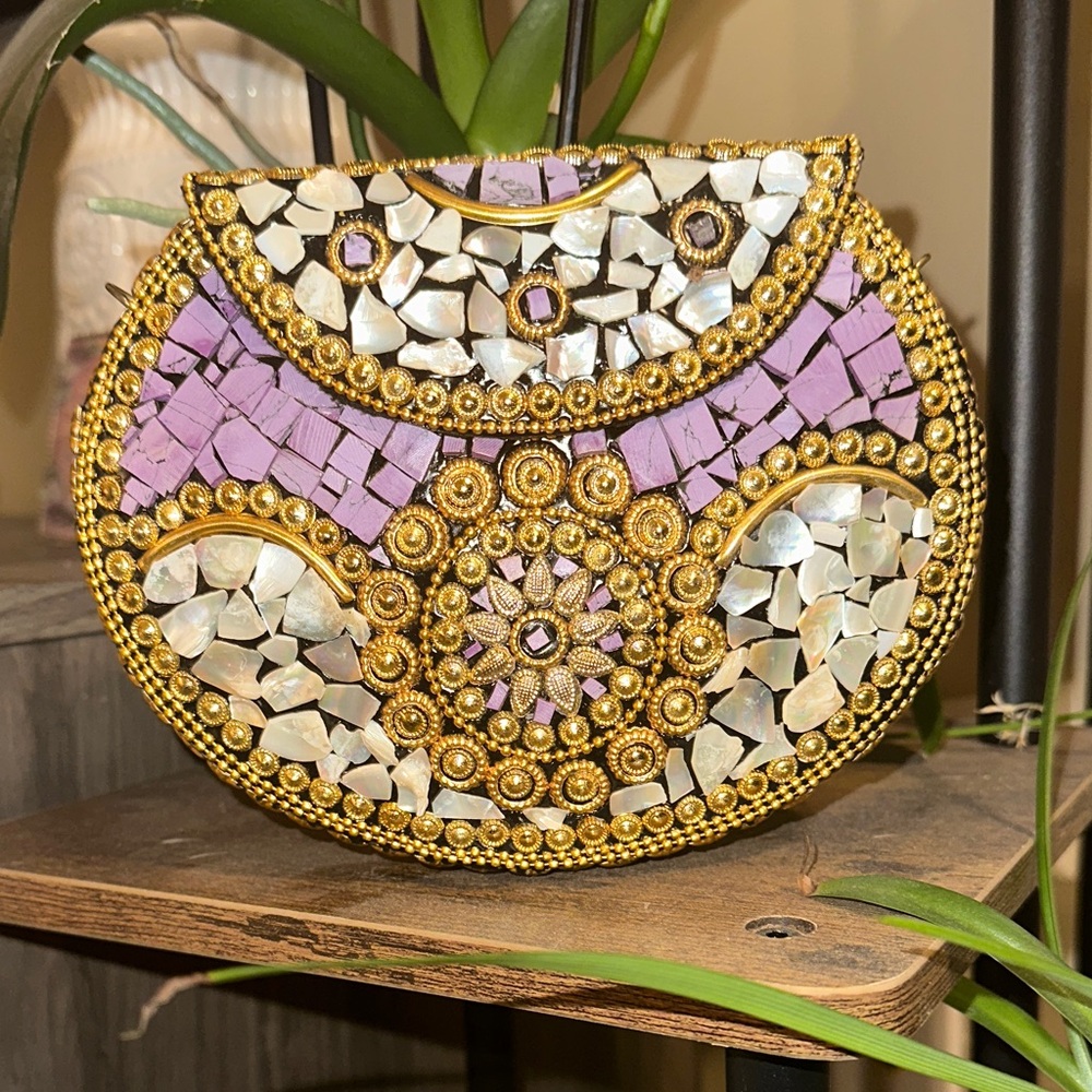 Elegant Gold and Purple Mosaic Clutch